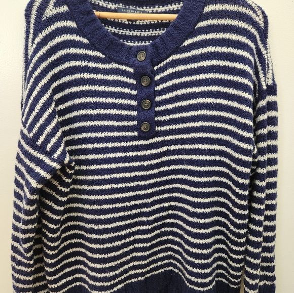 American Eagle Navy White Striped Button Henley Boxy Soft Chunky Knit Sweater S - Picture 1 of 10